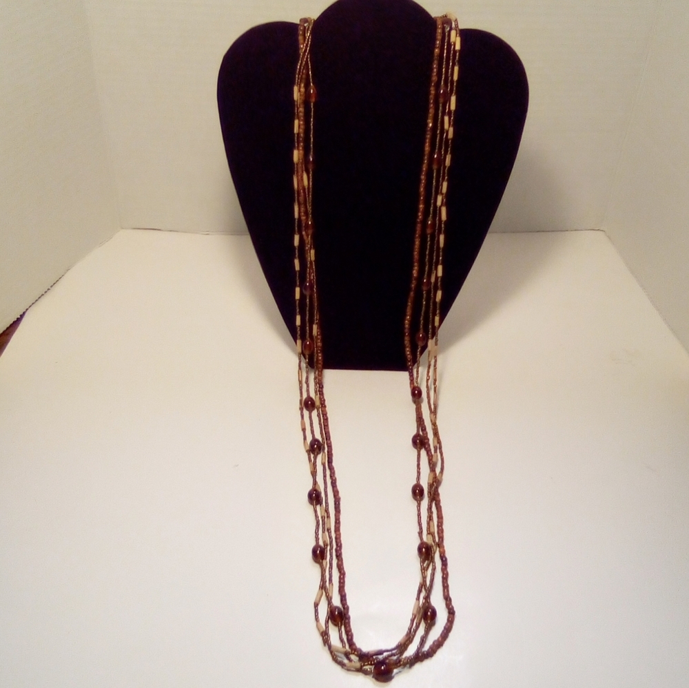 Fashion Necklace Brown Beads Boho Hippie Office Multi Strand Lobster Claw Clasp - Picture 6 of 8